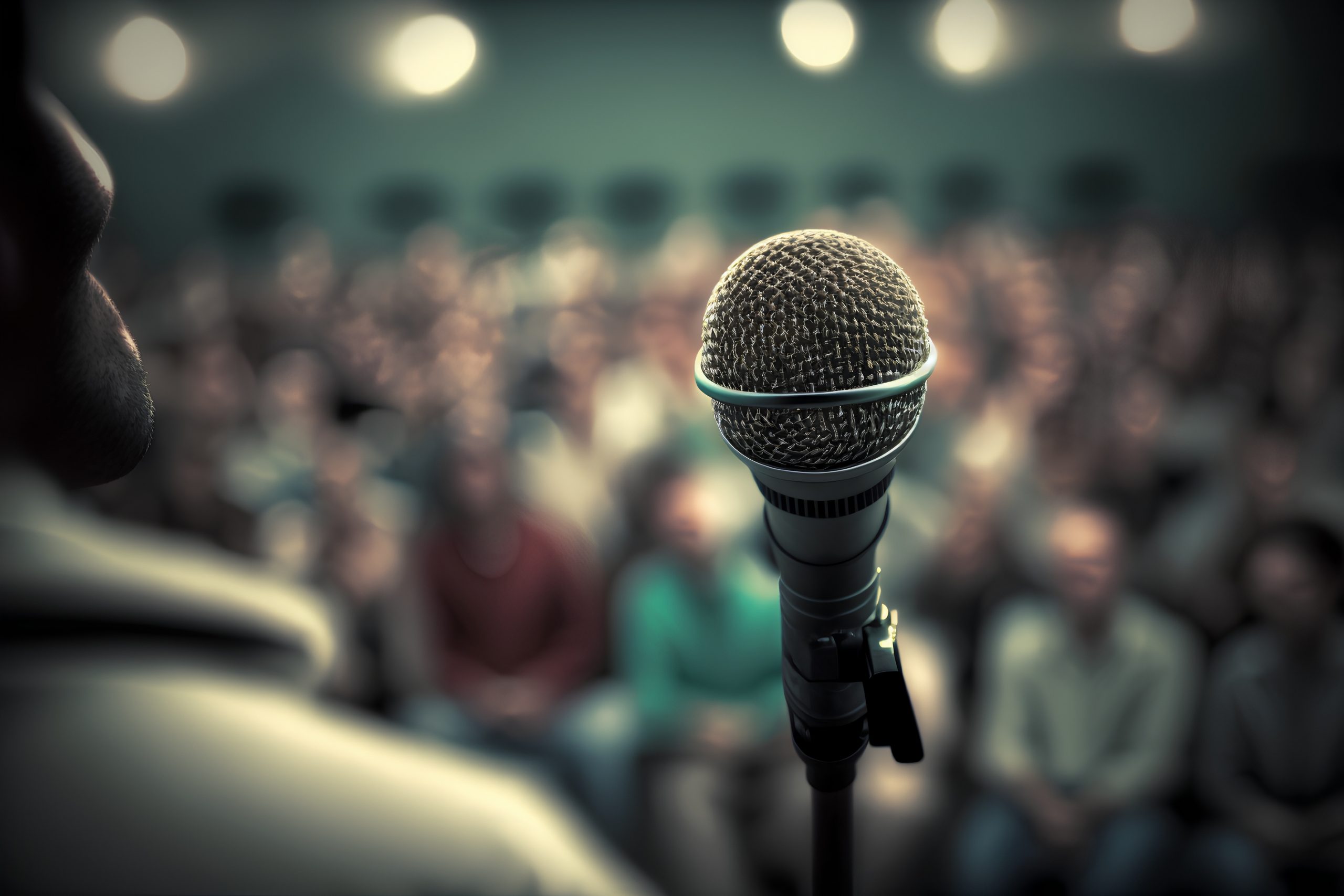 Microphone in front of a crowd at a conference hall or seminar